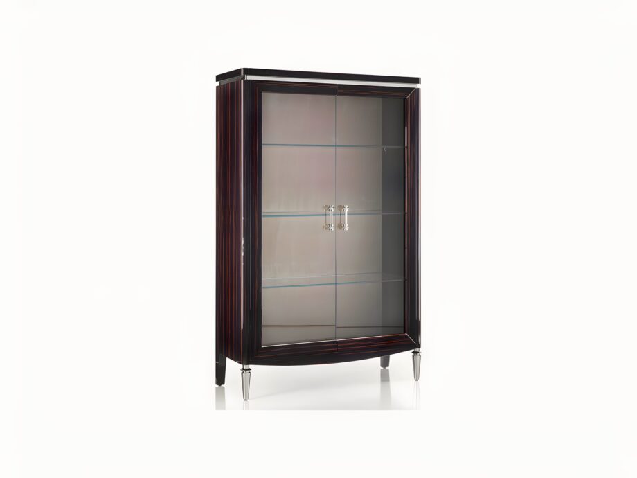 Egoist display cabinet | DV home. Exquisite display case with integrated lighting, crafted from veneered wood and tempered glass, featuring elegant brass details.