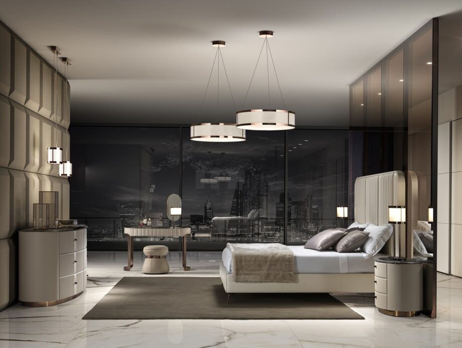 Hollywood bed | DV home. Exquisite bed with an upholstered headboard and elegant metal inserts, creating an atmosphere of luxury and comfort in the bedroom.