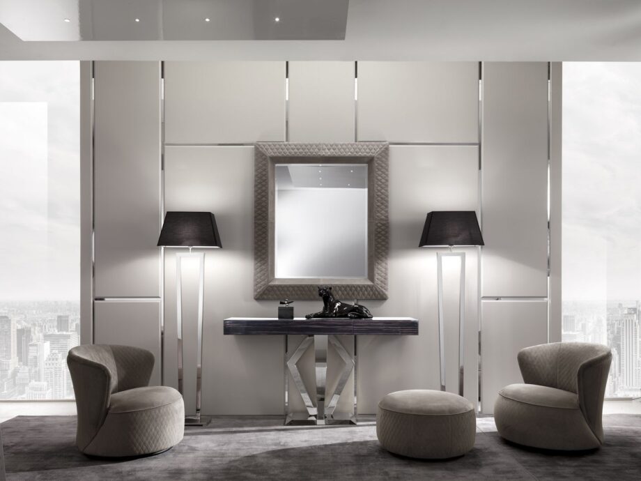 Ritz floor lamp | DV home. An exquisite Art Deco floor lamp with a sleek metal structure and elegant fabric shade, perfect for luxurious interiors.