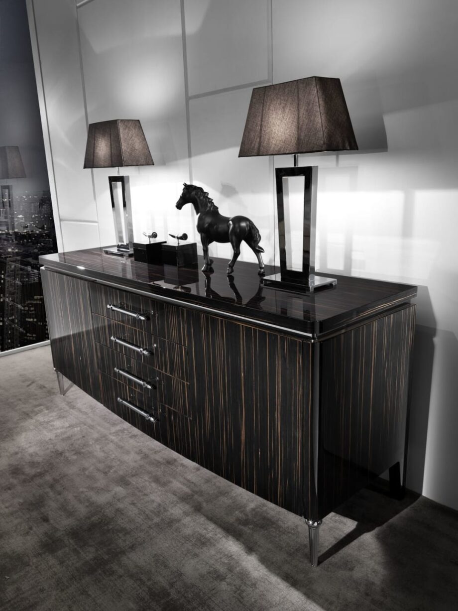 Egoist sideboard | DV home. Luxurious Art Deco sideboard with lacquered wood, polished metal accents, crystal shelves, and soft-close drawers.