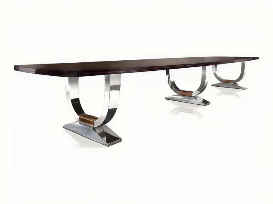 Hermes Suite table | DV home. Grand Art Deco-inspired table with a striking stainless steel base and luxurious lacquered or wood veneer top.