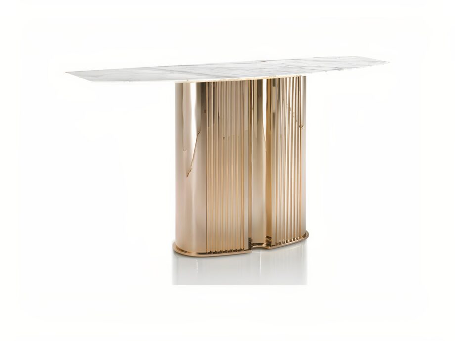 Windsor Lounge console | DV home. An exquisite console table blending Art Deco glamour with contemporary design, featuring a fluted metal base and a luxurious top.