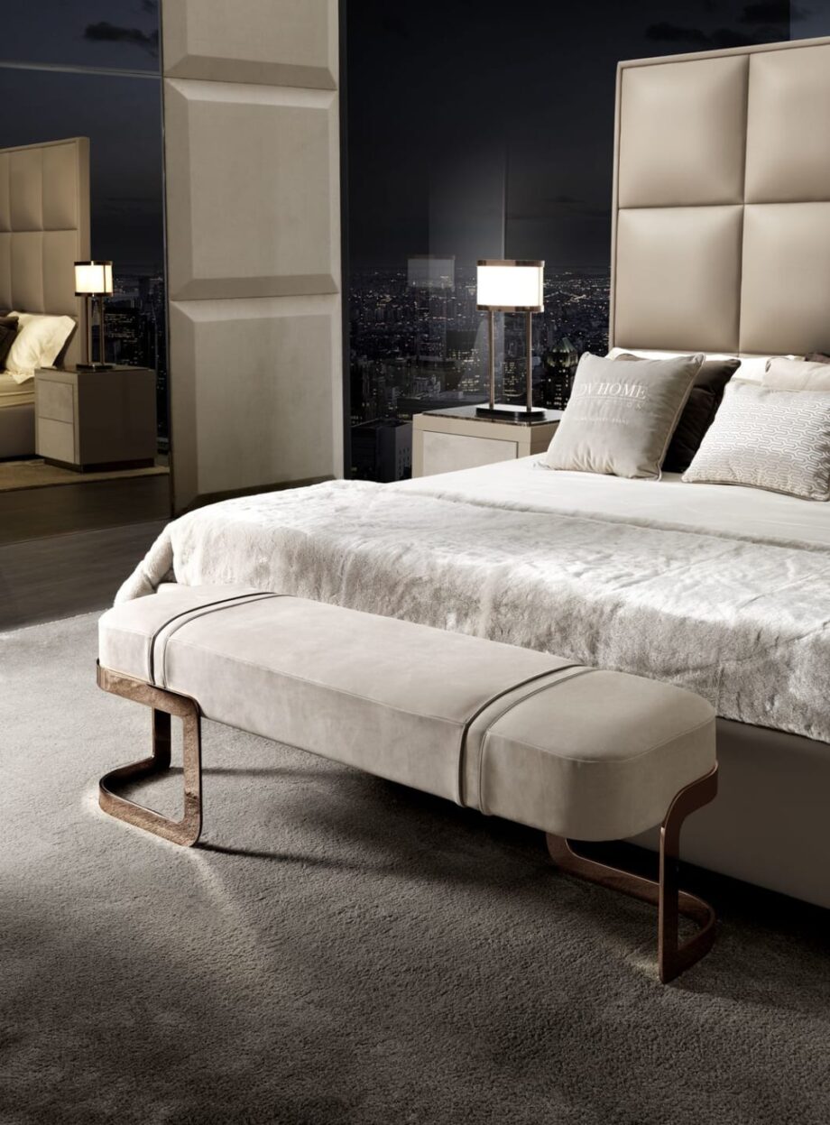 Coco indoor benche | DV home. Luxurious Italian Art Deco bench with a solid wood structure, high-density foam, and elegant steel base, available in custom sizes.