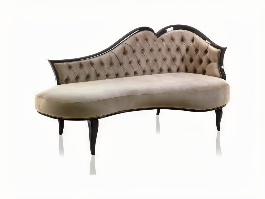 Rene' chaise longue | DV home. Exquisite Art Deco chaise longue with hand-carved lacquered wood frame and luxurious button-tufted upholstery, embodying Italian craftsmanship.