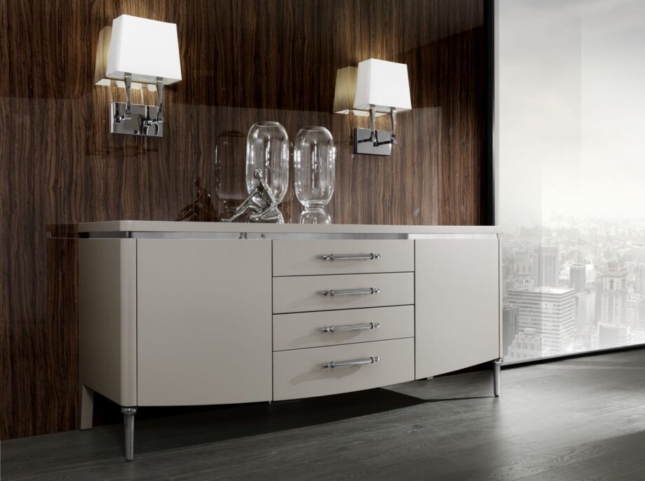 Egoist sideboard | DV home. Luxurious Art Deco sideboard with lacquered wood, polished metal accents, crystal shelves, and soft-close drawers.