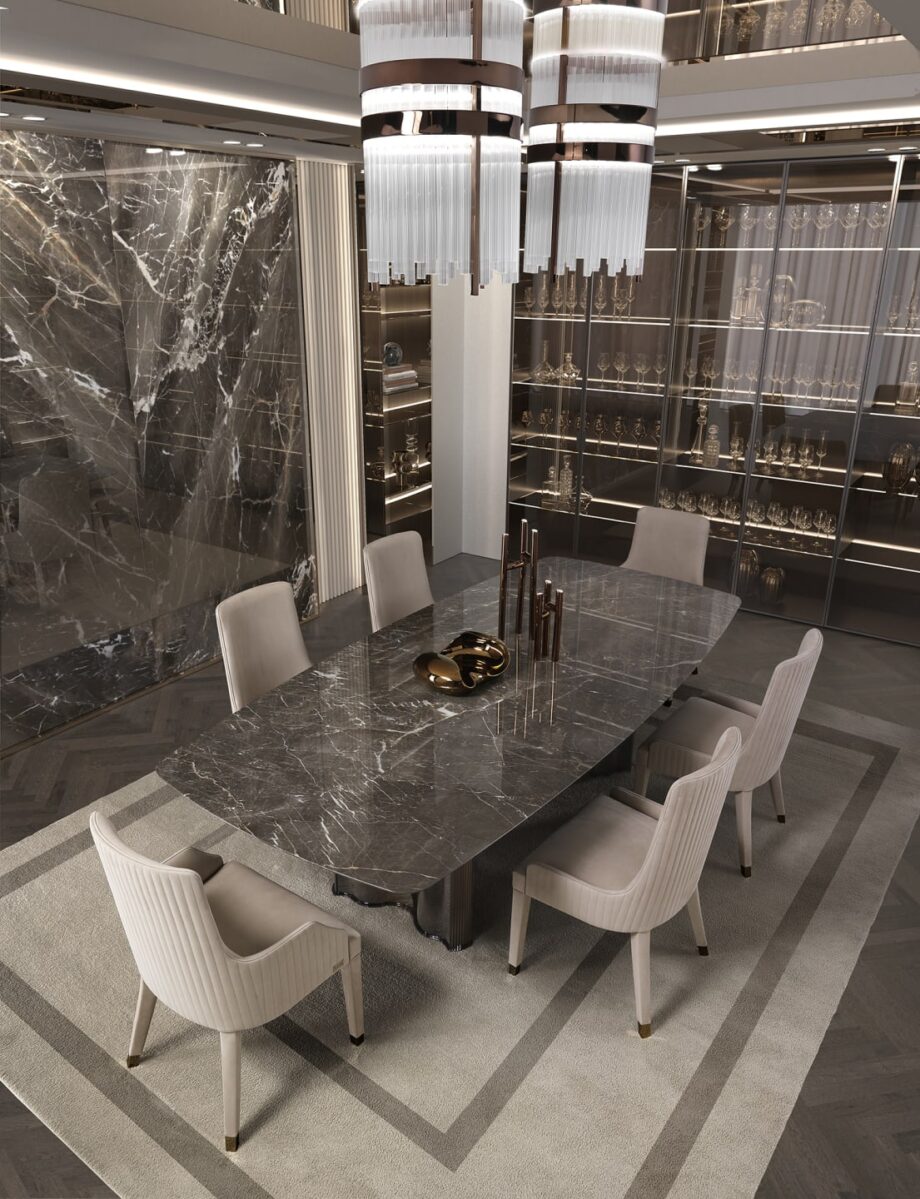 Manhattan table | DV home. Luxurious Art Deco table with polished stainless steel base, leather columns, and customizable marble or lacquered wood top.