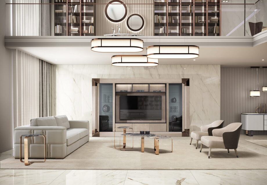 Manhattan display cabinet | DV home. Luxurious Italian TV unit blending Art Deco and contemporary style with Macassar Ebony veneer, leather, tempered glass, and integrated LED lighting.