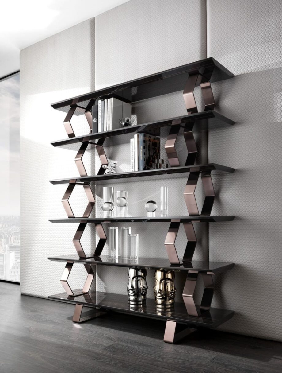 Ritz bookcase | DV home. Exquisite bookcase with geometric metal supports and versatile MDF shelves, embodying Art Deco luxury and Italian craftsmanship.