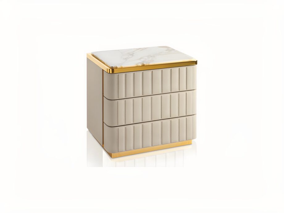 Elite bedside table | DV home. Art Deco bedside table with leather finish and marble top, offering elegance and functionality.