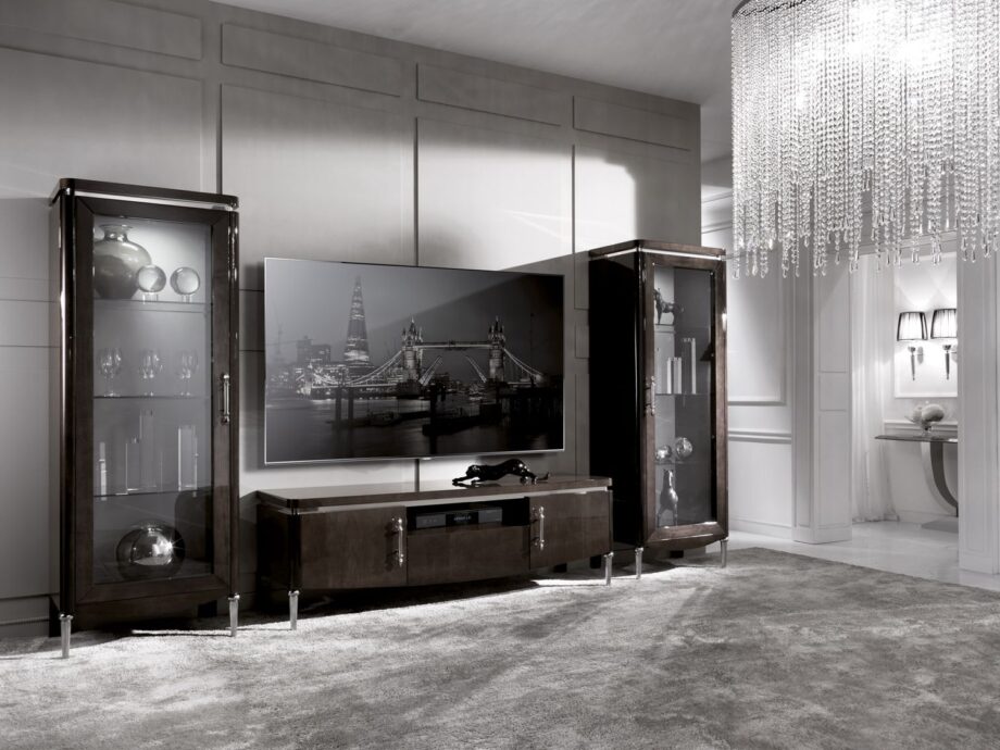 Egoist tv furniture | DV home. Exquisite Art Deco TV unit with lacquered wood, brass, and stainless steel details, offering luxurious storage.