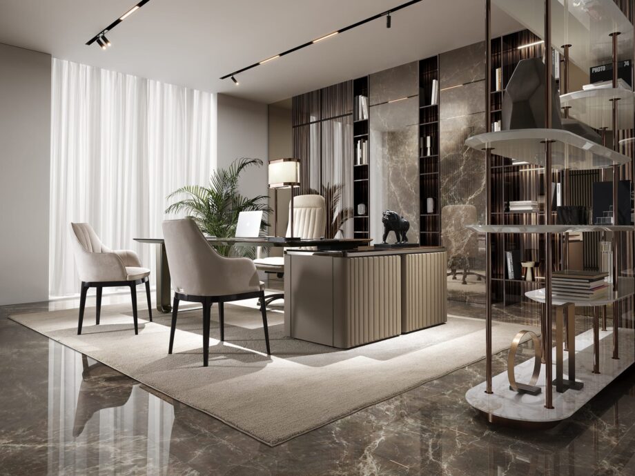 Elite writing desk | DV home. Luxurious Art Deco writing desk with stainless steel, leather, and fine wood finishes, offering sophisticated storage solutions.