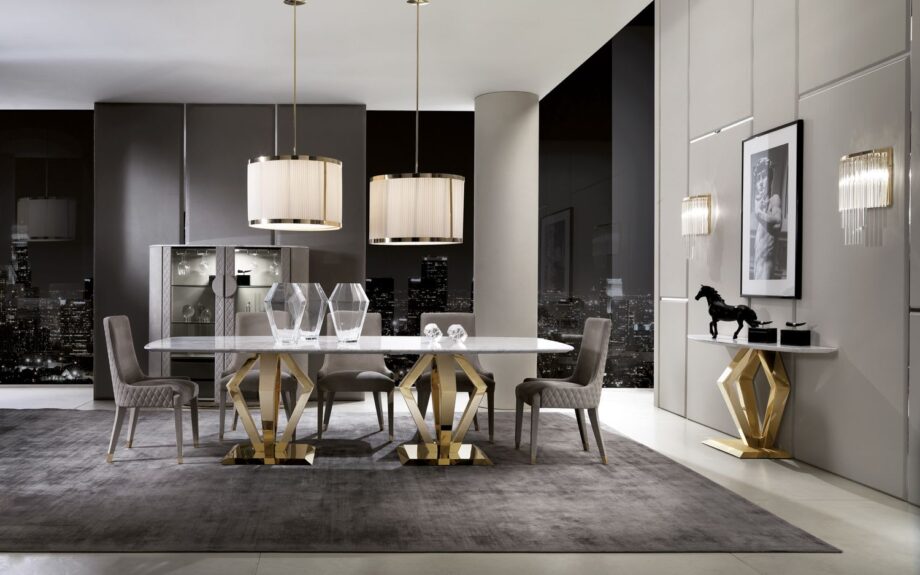 Ritz console | DV home. Geometric base, luxurious materials like marble and lacquered wood, perfect for sophisticated interiors.
