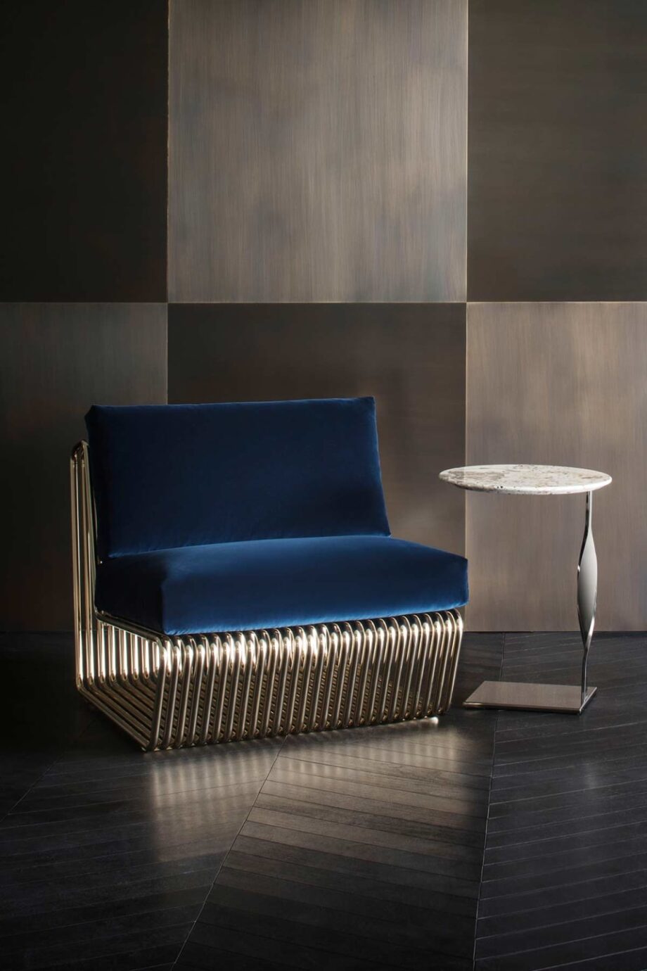 Globo coffee table | Rugiano. Elegant coffee/side table with twisted metal base and diverse wood, marble, or leather tops.