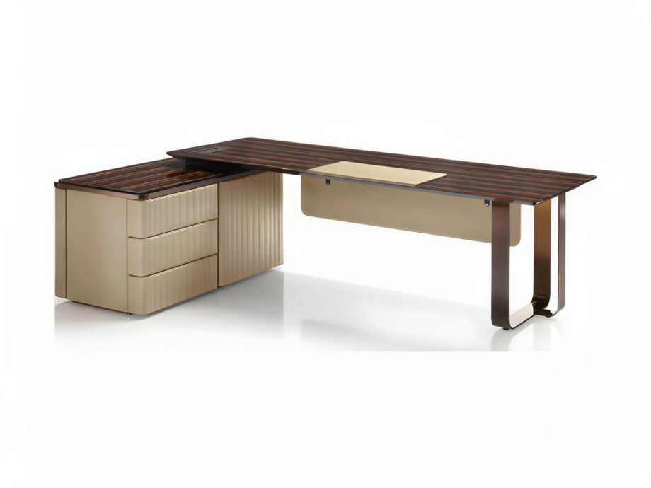 Elite writing desk | DV home. Luxurious Art Deco writing desk with stainless steel, leather, and fine wood finishes, offering sophisticated storage solutions.