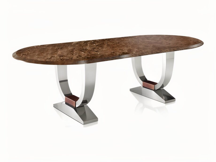 Hermes Plaza table | DV home. Exquisite Art Deco dining table with polished steel bases and a marble or lacquered MDF top.