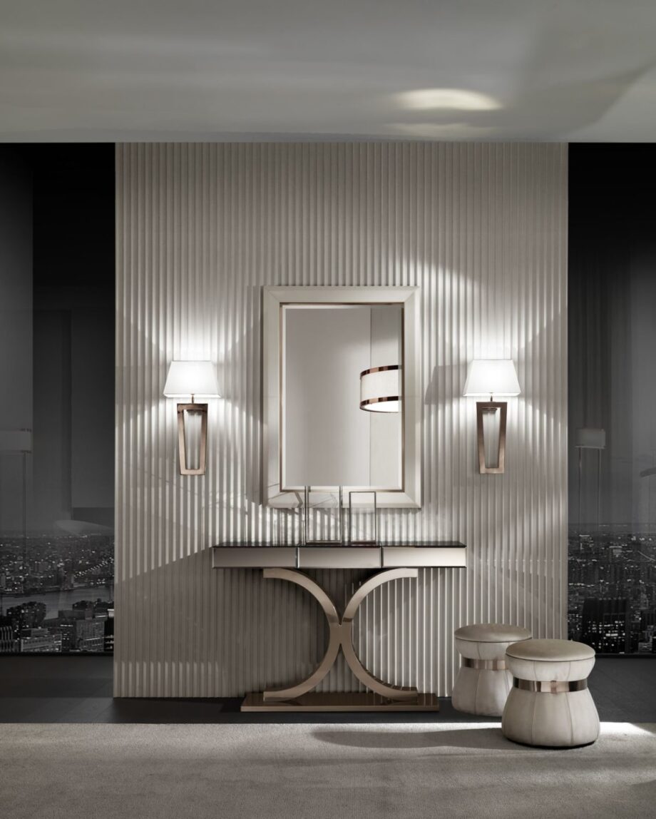 Kent Plus console | DV home. Luxurious Art Deco console with soft-close drawer, mirrored or wood top, and customizable stainless steel base.
