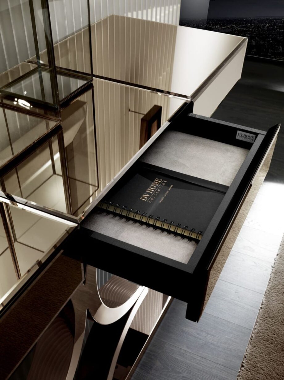 Kent Plus console | DV home. Luxurious Art Deco console with soft-close drawer, mirrored or wood top, and customizable stainless steel base.