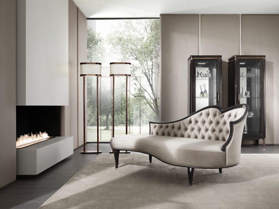 Rene' chaise longue | DV home. Exquisite Art Deco chaise longue with hand-carved lacquered wood frame and luxurious button-tufted upholstery, embodying Italian craftsmanship.
