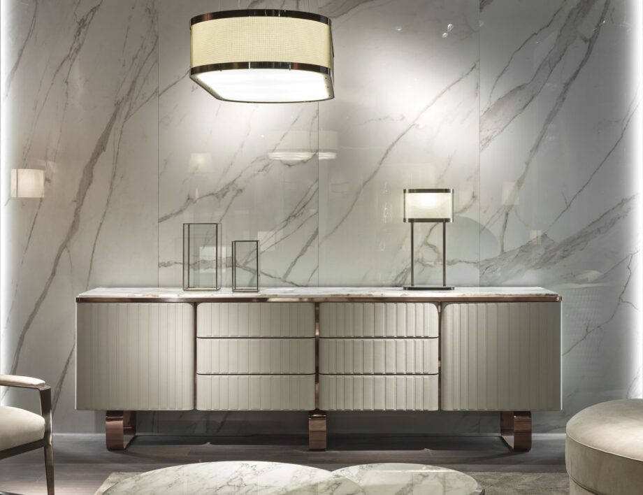 Elite sideboard | DV home. A luxurious Art Deco sideboard featuring exquisite leather or lacquered fronts, a marble or Canaletto walnut top, and polished steel details.