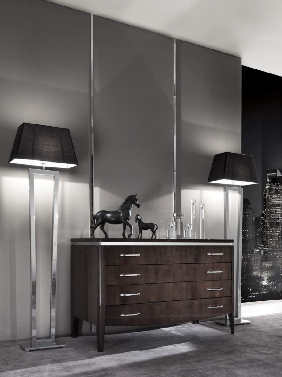 Ritz floor lamp | DV home. An exquisite Art Deco floor lamp with a sleek metal structure and elegant fabric shade, perfect for luxurious interiors.