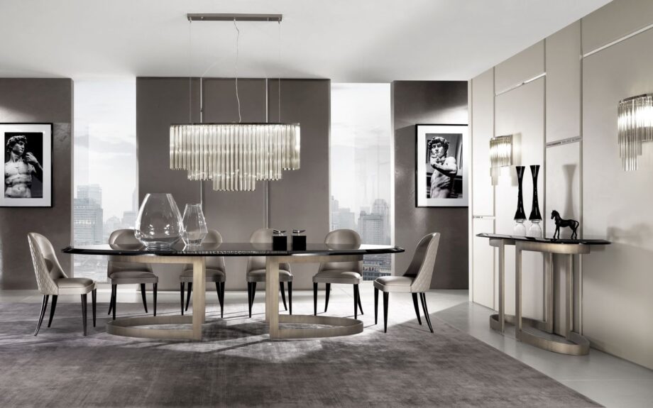 Hermes chandelier | DV home. Exquisite chandelier with polished chrome finish and natural crystals, creating a striking illumination.