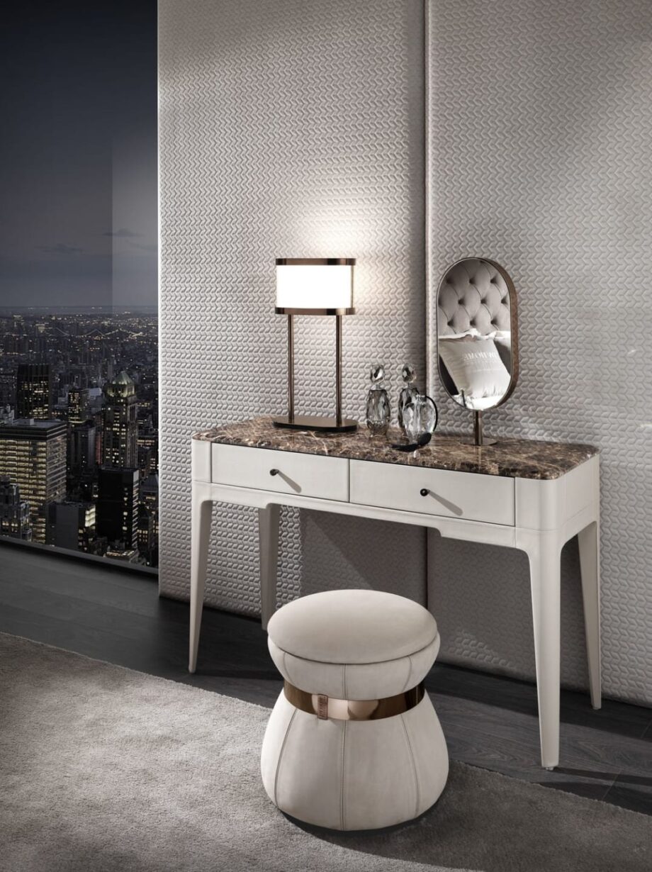 Elite dressing table | DV home. Exquisite Art Deco console featuring a luxurious marble top and two practical soft-closing drawers.