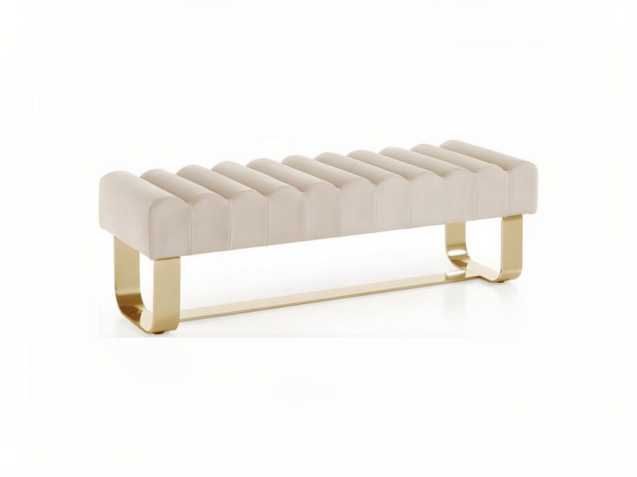 Elite indoor benche | DV home. Luxurious Art Deco bench with a distinctive metal base and plush upholstery, perfect for adding a touch of glamour to any interior.