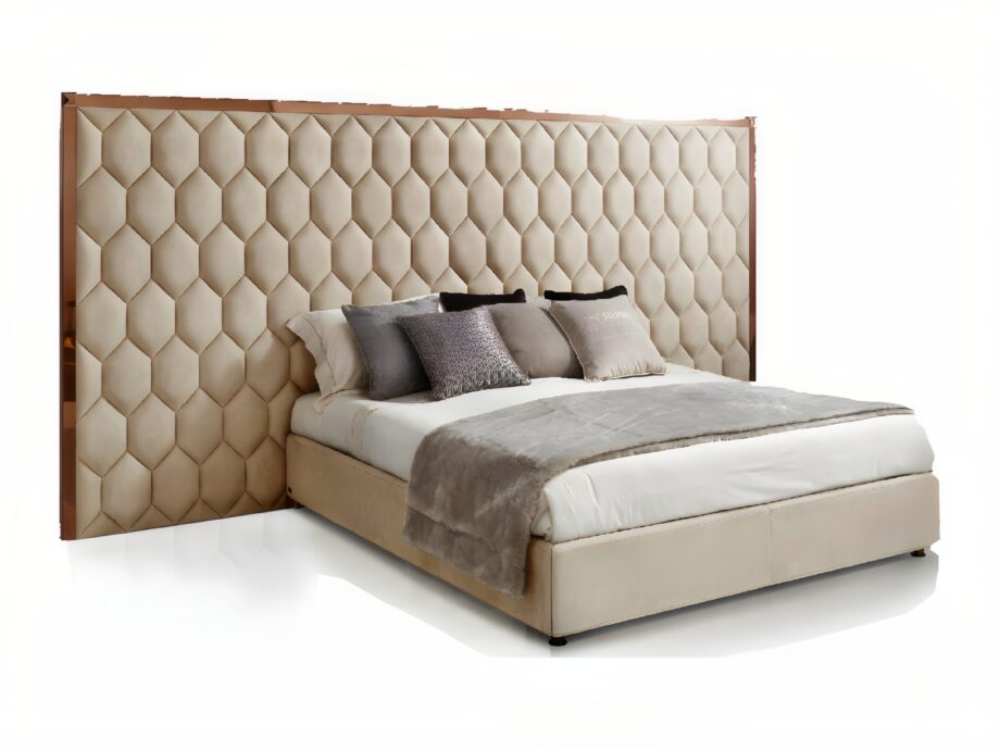 Envy Maxi bed | DV home. Luxurious bed with geometric upholstered high headboard and elegant metallic frame, perfect for high-end interiors.