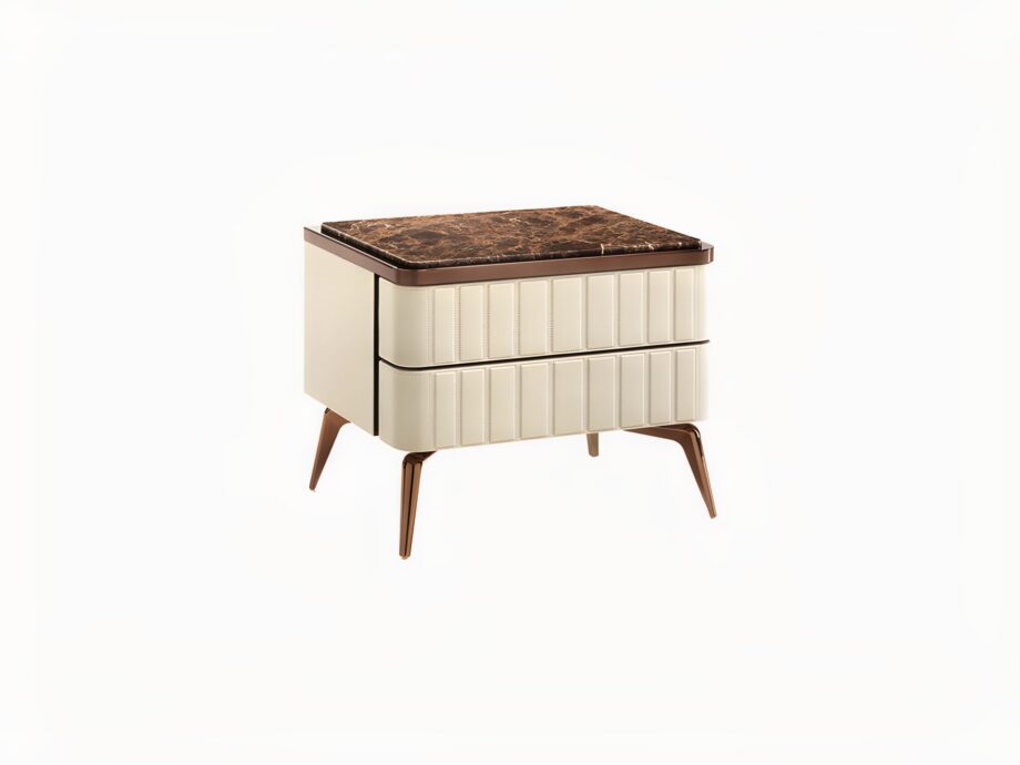 Hollywood bedside table | DV home. Luxurious Art Deco night table with upholstered body, marble or wood top, stainless steel accents, and microfiber-lined soft-close drawers.