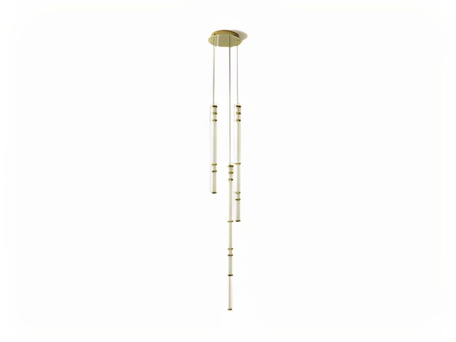 Atrium chandelier | Rugiano. Exquisite pendant lamps crafted from polished brass and satin glass, featuring linear and modular forms.