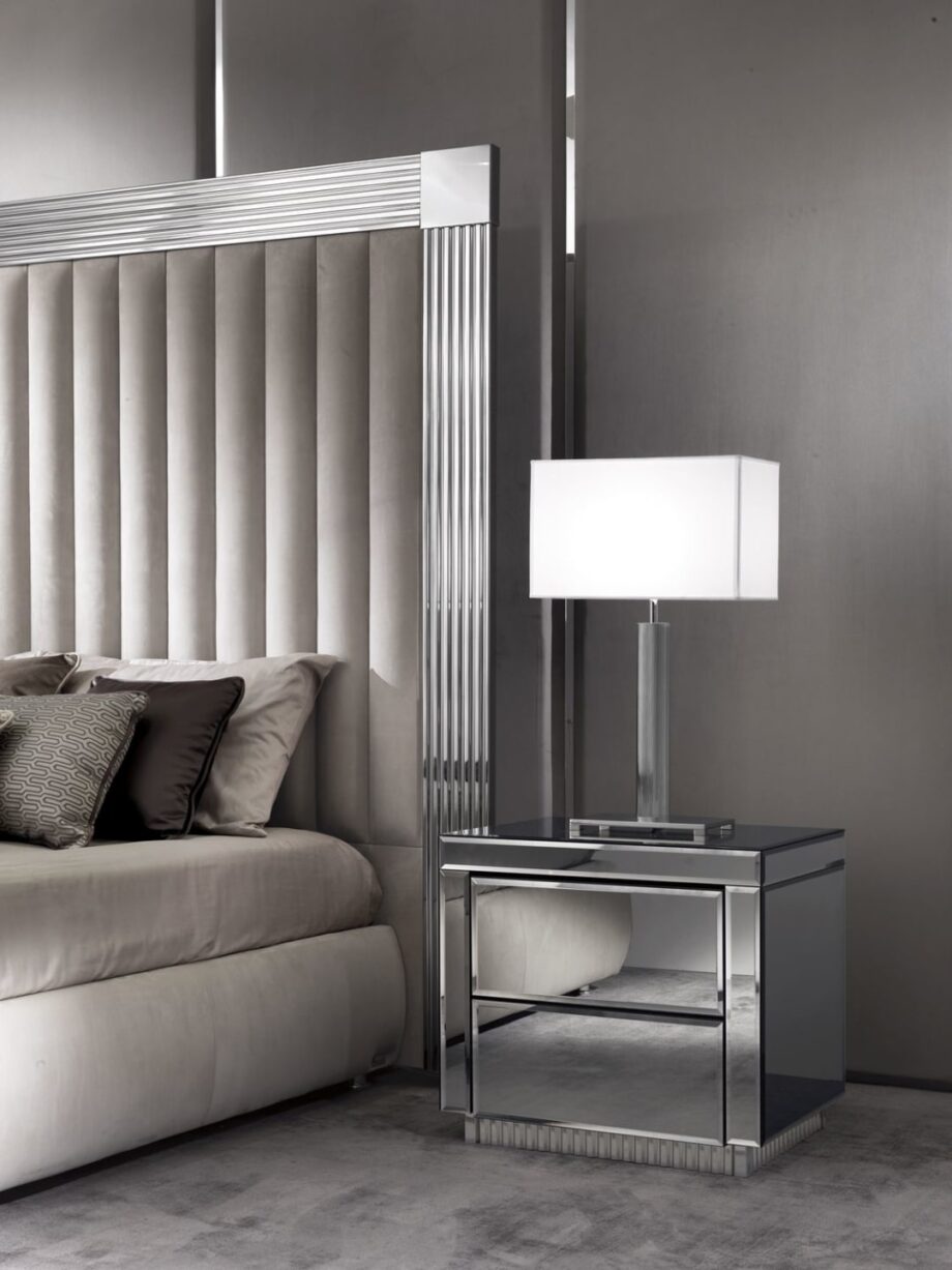 Windsor bed | DV home. Luxurious bed featuring a high, upholstered headboard and elegant stainless steel frame, offering unparalleled comfort.