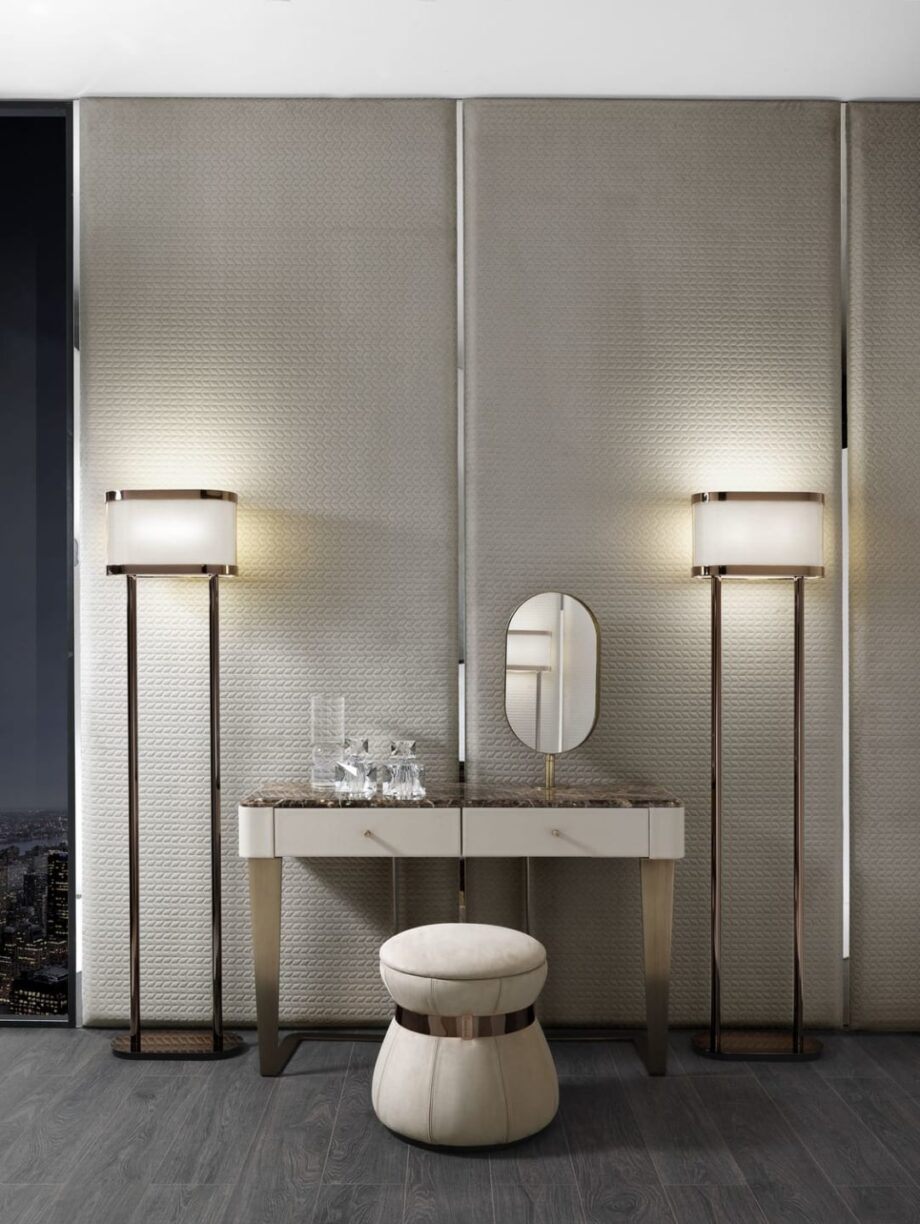Ritz console | DV home. Luxurious Art Deco console with steel base, choice of lacquered or marble top, integrated mirror, and two drawers.