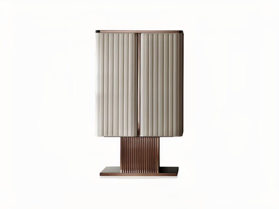 Elite bar cabinet | DV home. Exquisite Art Deco bar cabinet with backlit mirror back, crystal shelves, and luxurious leather upholstery.