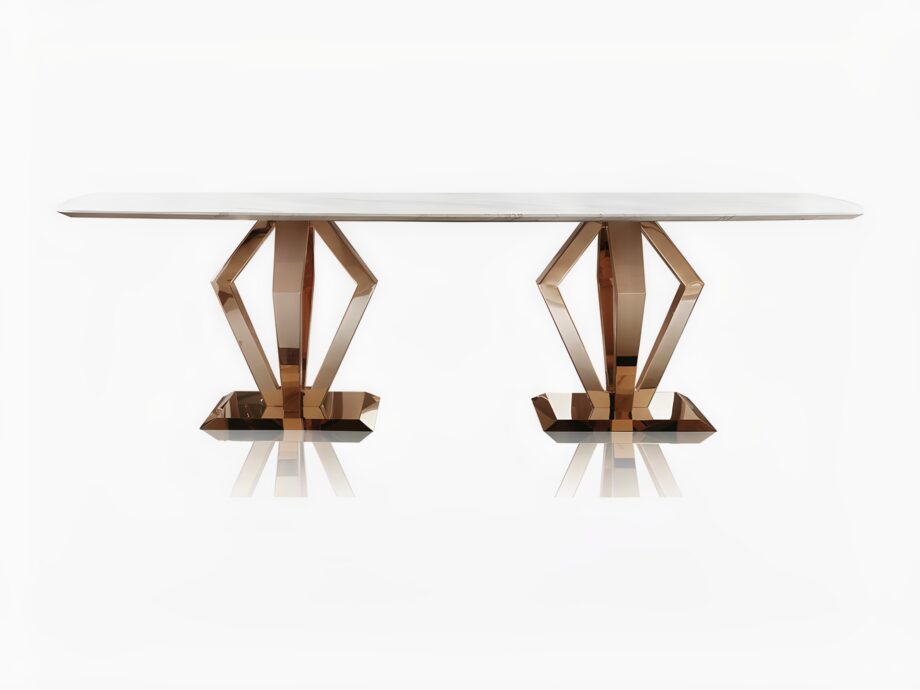 Ritz table | DV home. Exquisite Art Deco dining table with geometric metal base and luxurious marble or wood top.
