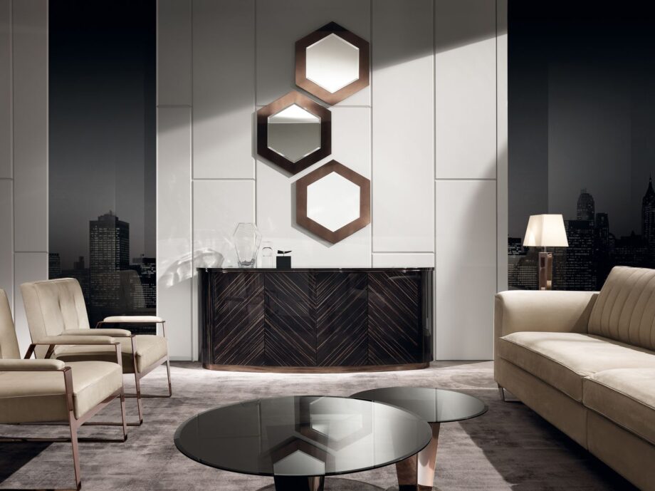 Vogue sideboard | DV home. A luxurious Art Deco sideboard with a curved silhouette, unique geometric doors, and a selection of exquisite materials.