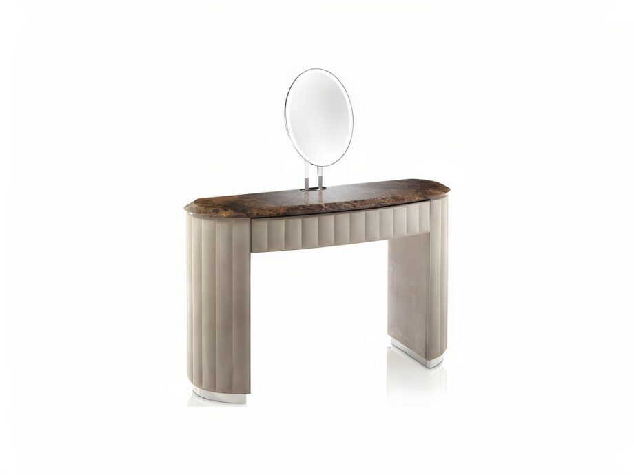 Vogue dressing table | DV home. Luxurious Art Deco console with leather upholstery, marble top, and Blumotion drawers.
