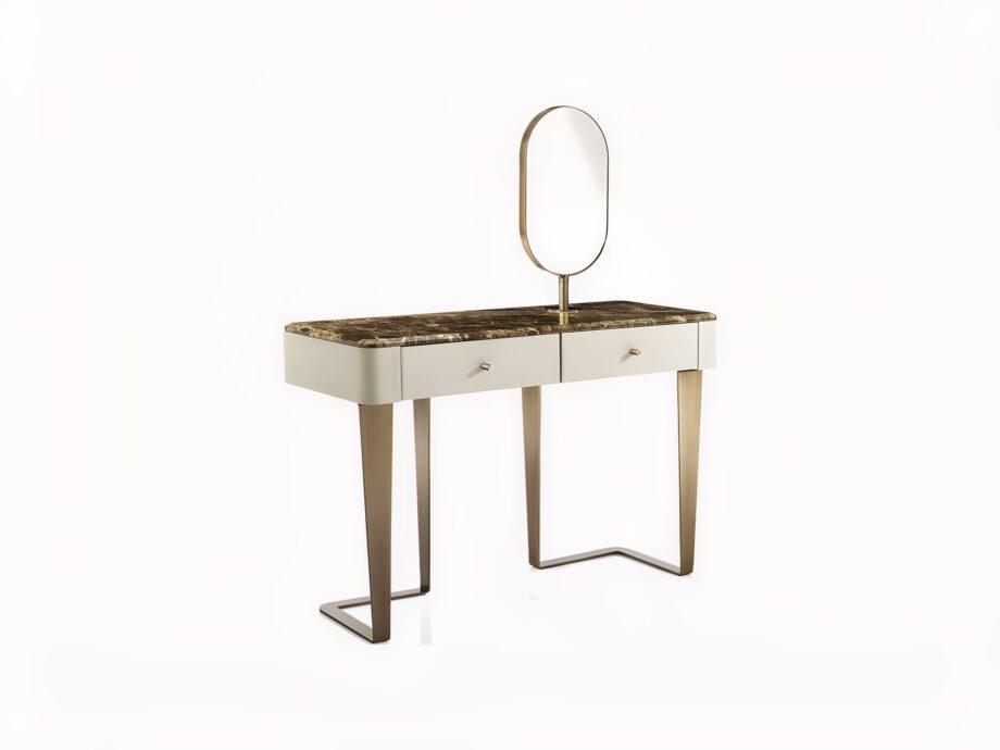Ritz console | DV home. Luxurious Art Deco console with steel base, choice of lacquered or marble top, integrated mirror, and two drawers.
