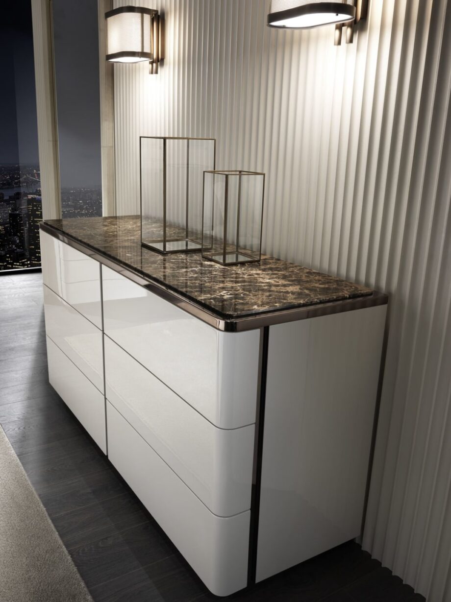 Elite chest of drawers | DV home. Elegant chest of drawers with leather fronts, marble top, and high-quality hardware.