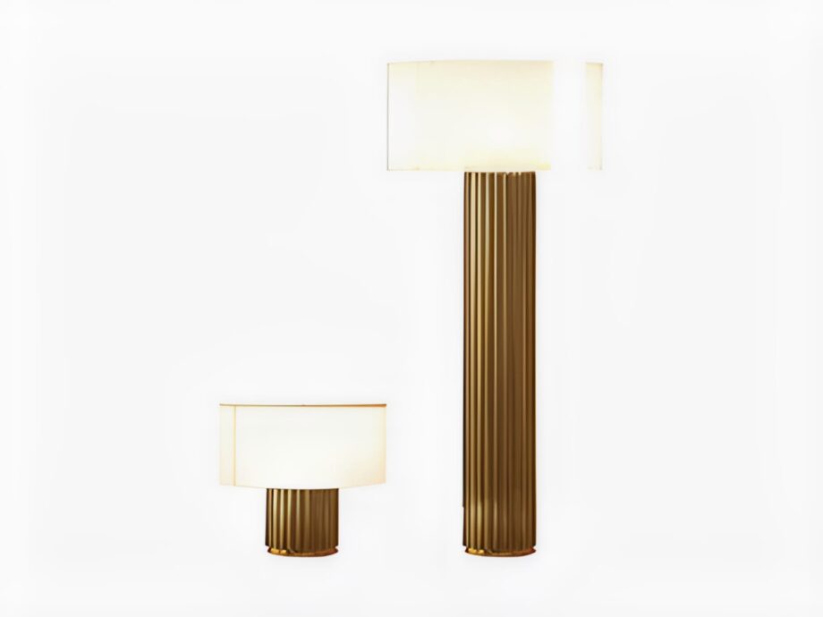 Liberty Soft floor lamp | Rugiano. Elegant lamp series featuring a column-like aluminum base with luxurious finishes and versatile shade options.