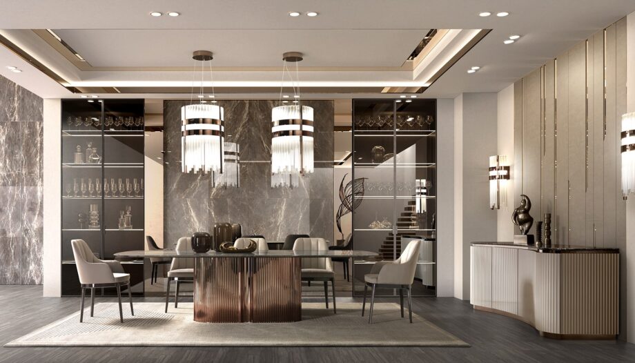 Windsor Lounge table | DV home. Elegant dining table featuring a sophisticated stainless steel base and a luxurious tabletop.