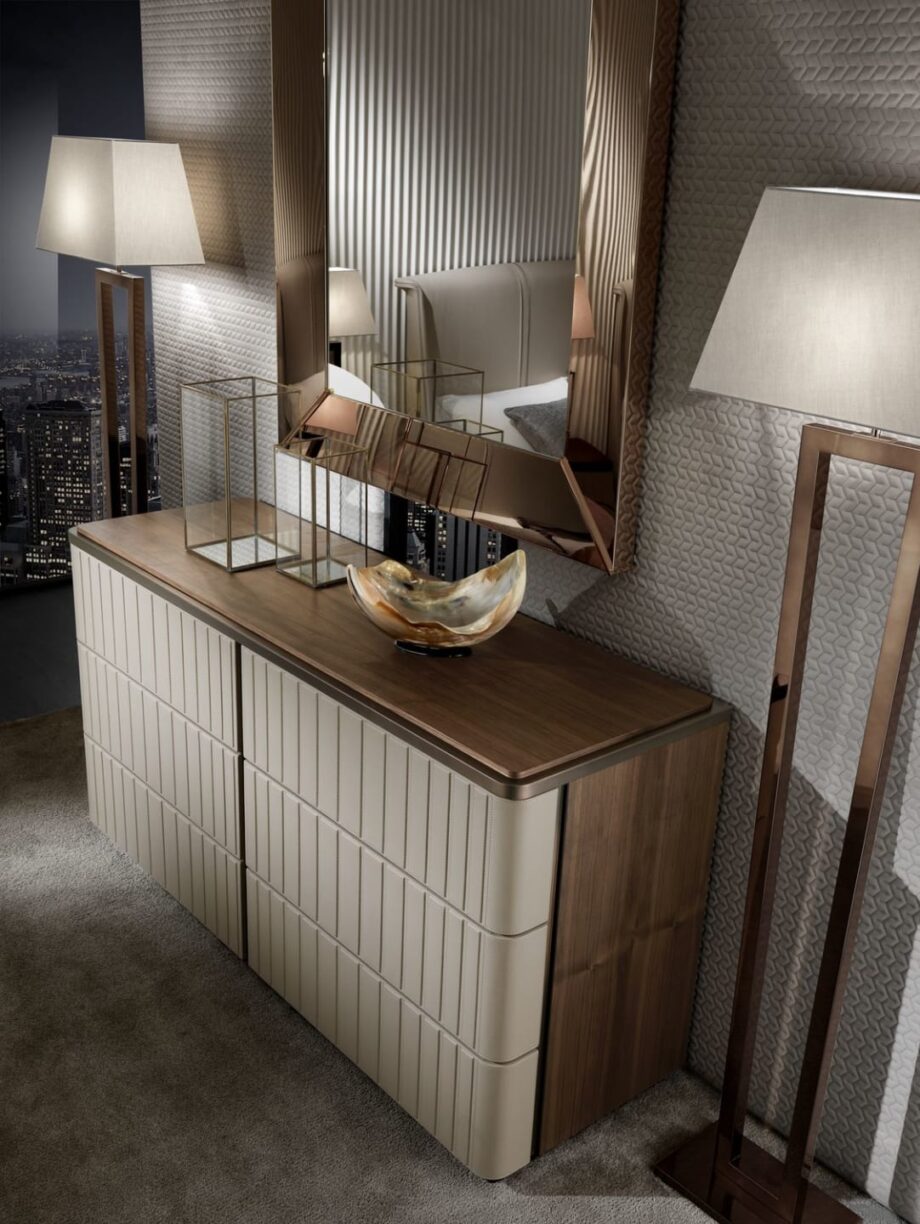 Elite chest of drawers | DV home. Elegant chest of drawers with leather fronts, marble top, and high-quality hardware.