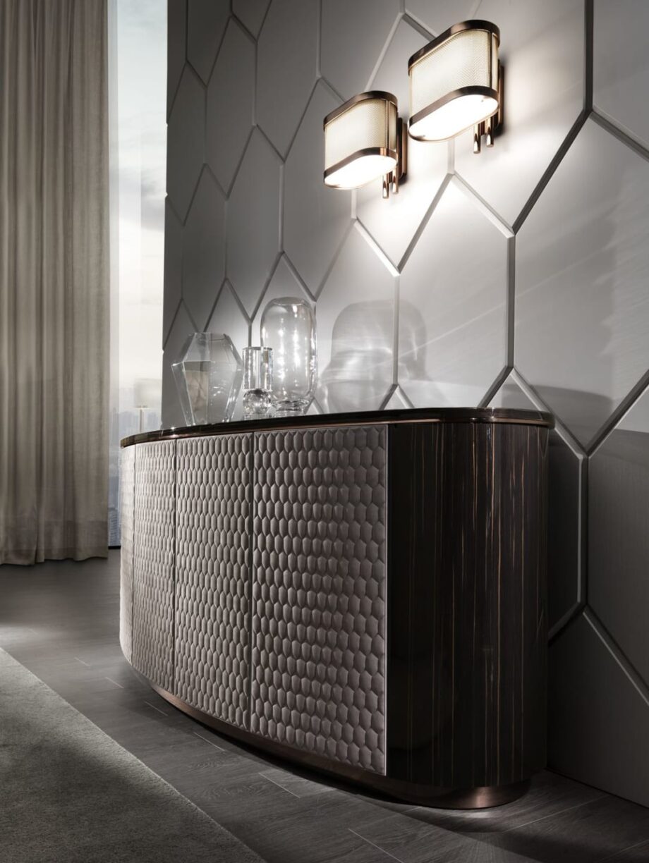 Vogue sideboard | DV home. A luxurious Art Deco sideboard with a curved silhouette, unique geometric doors, and a selection of exquisite materials.