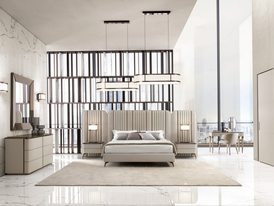 Gordon Plaza chandelier | DV home. Exquisite Gordon Plaza chandelier with metal frame and beige fabric shade, perfect for luxurious interiors.