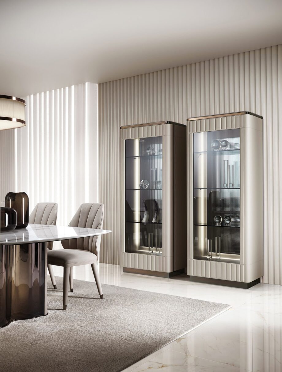 Elite display cabinet | DV home. Exquisite Art Deco display case with luxurious leather or lacquered finish, stainless steel accents, and elegant glass shelves.