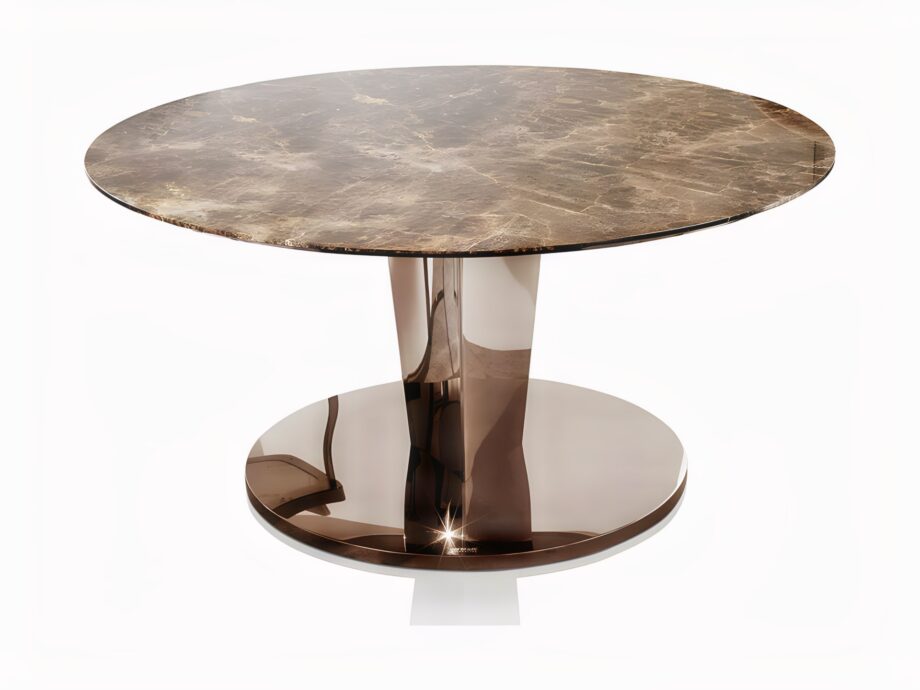 Stanley Round table | DV home. Luxurious Art Deco table with polished stainless steel base and choice of lacquered wood or marble top.