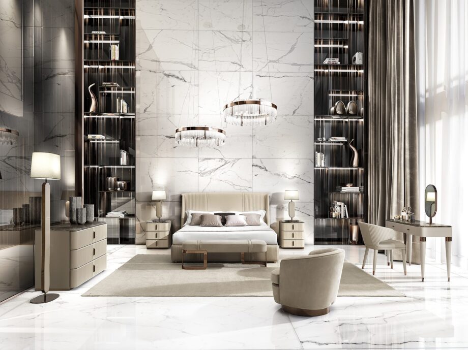 Coco bed | DV home. Luxurious bed with a high upholstered headboard, embodying Art Deco elegance and supreme comfort.