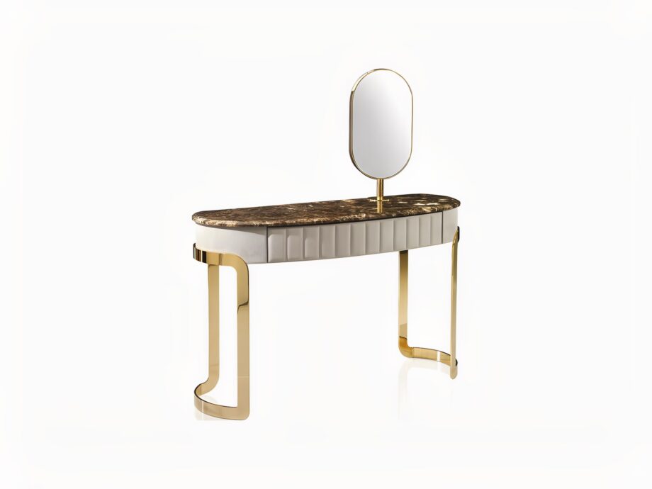 Coco console | DV home. Elegant console with a luxurious marble or lacquered top, featuring a sleek steel base and integrated mirror, perfect for refined interiors.