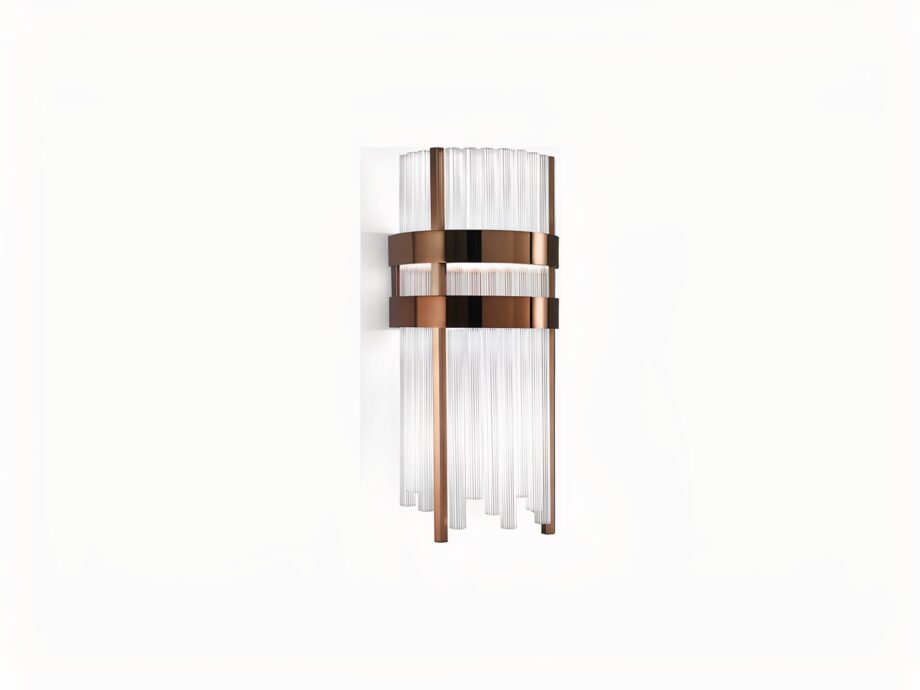 Elite Round wall lamp | DV home. Elegant Art Deco wall lamp with metal frame and fluted transparent glass cylinders, offering luxurious illumination.