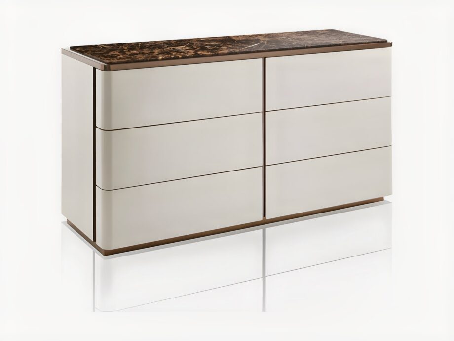 Elite chest of drawers | DV home. Elegant chest of drawers with leather fronts, marble top, and high-quality hardware.