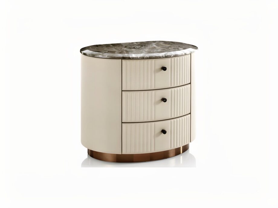Charlotte bedside table | DV home. Handcrafted luxury night table with hexagon-patterned drawers, premium leather or walnut finishes, and a polished stainless steel base.